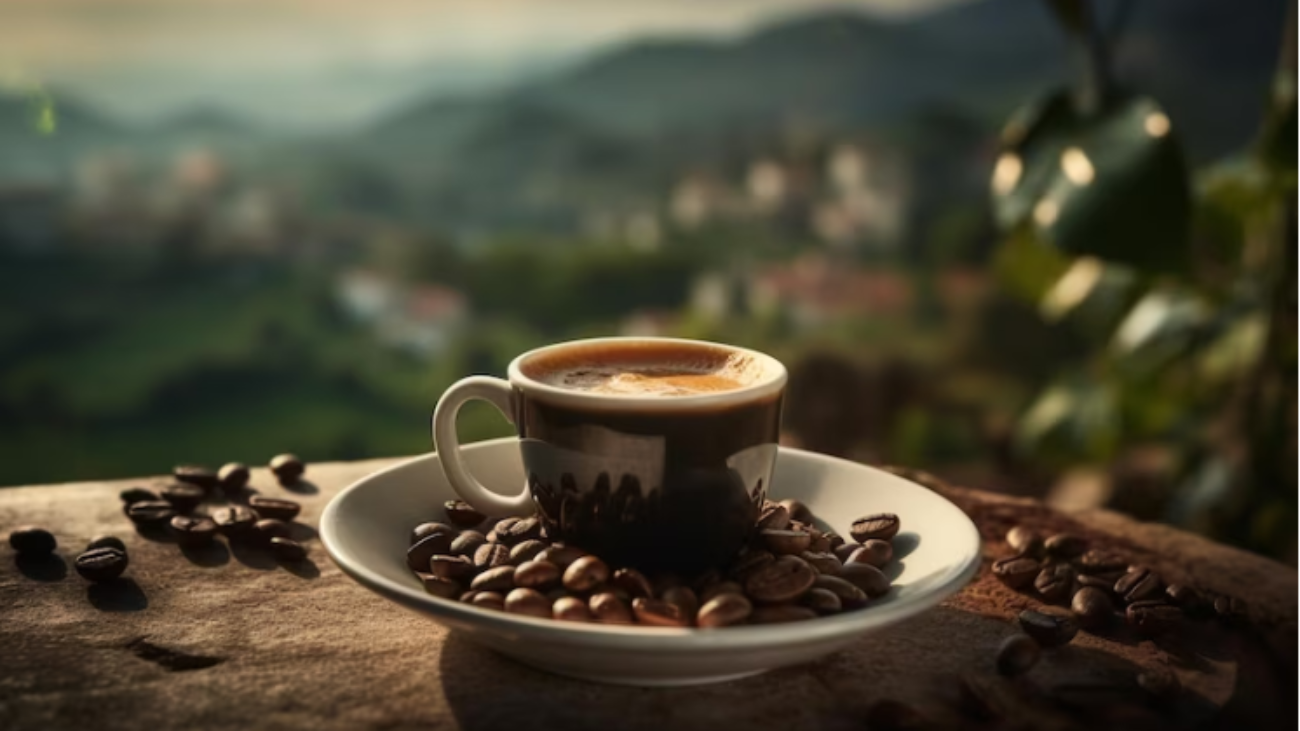 Free-AI-Image-Fresh-coffee-on-rustic-table-in-nature-generated-by-AI